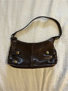 Vintage Dark Brown Leather Shoulder Bag with Brass Accents